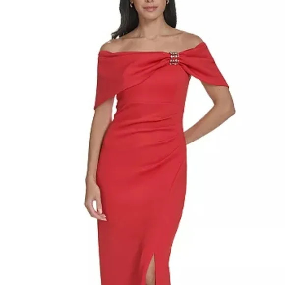 Eliza J Chic Off-Shoulder Scarlet Red Formal Embellished Sheath Dress Size 12