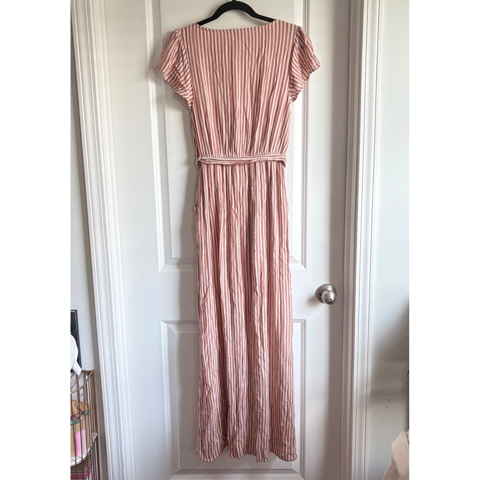 American Eagle Pink White Striped Maxi Dress Button Front Tie Waist Small
