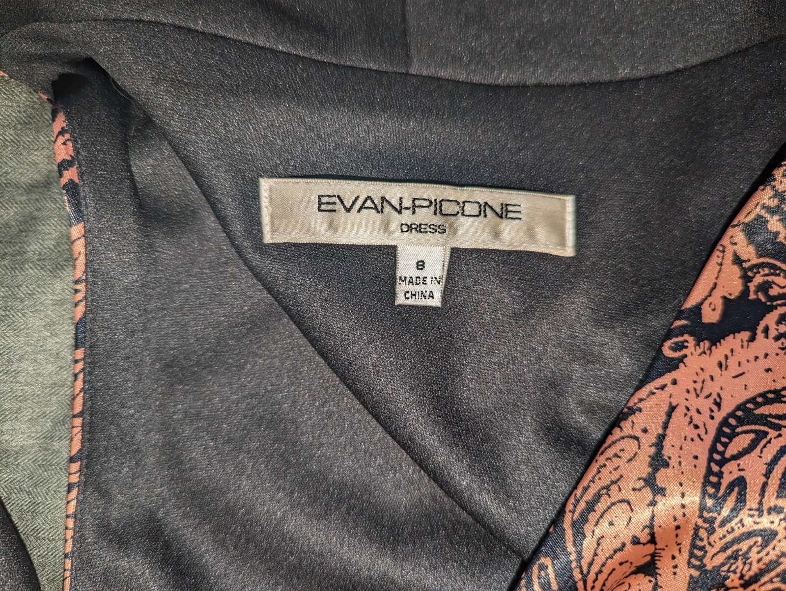 Evan Picone copper and black scroll print cocktail dress size 8