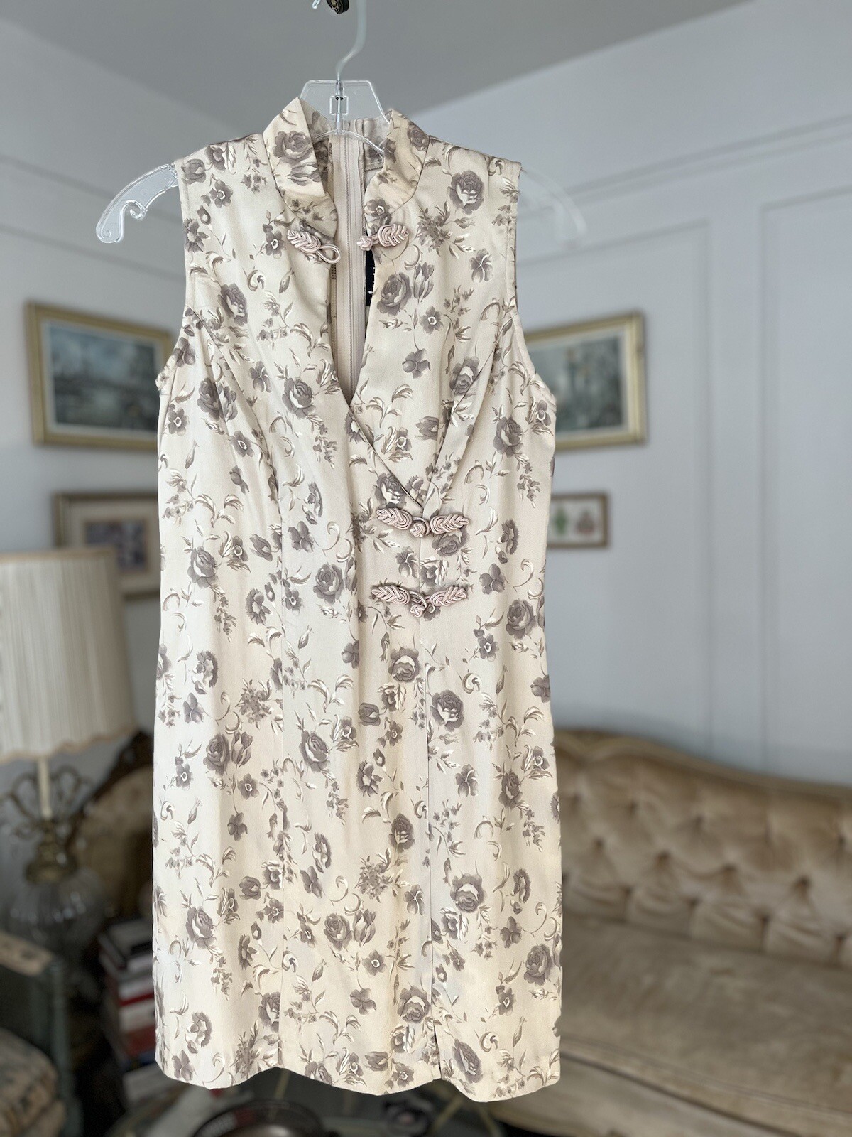 Vintage Y2K 90s All That Jazz Dress Oriental Embossed Mandarin Collar Sz Small