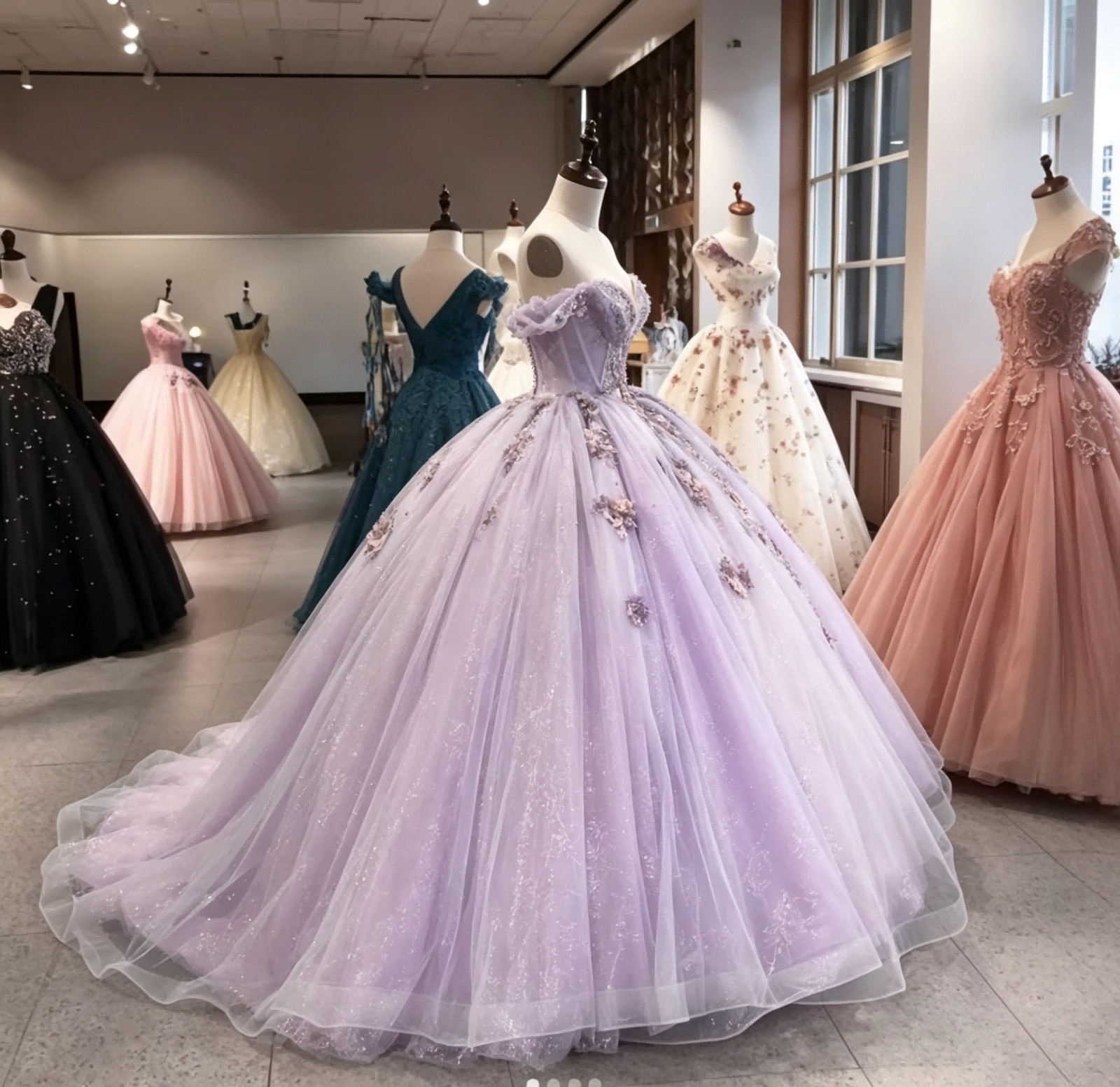 Lavender Off Shoulder Floral Sparkly Tulle Quinceanera Ball Gown Sweet 16 Dress