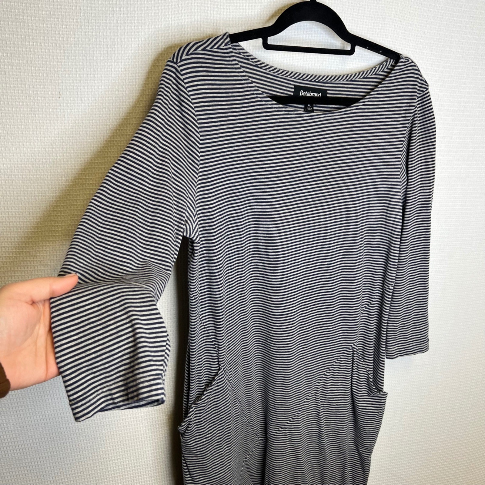Betabrand Striped Boatneck 3/4 Sleeve Pocket Dress XL