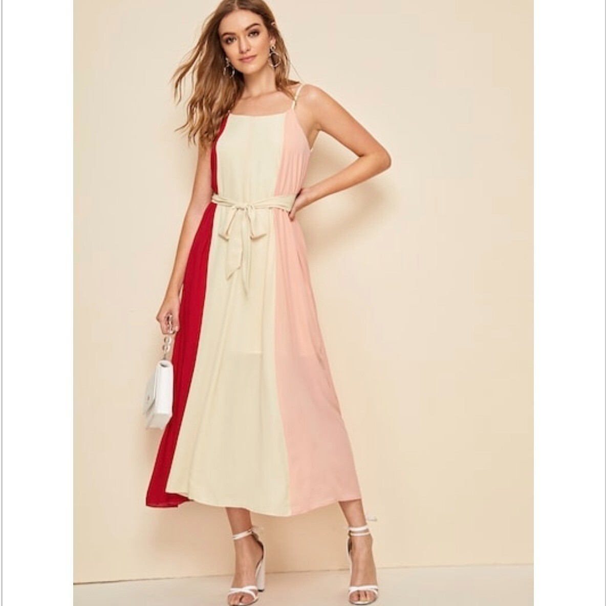 Colorblock Maxi Dress Pink Cream Red Belted Sleeveless Summer Wedding M