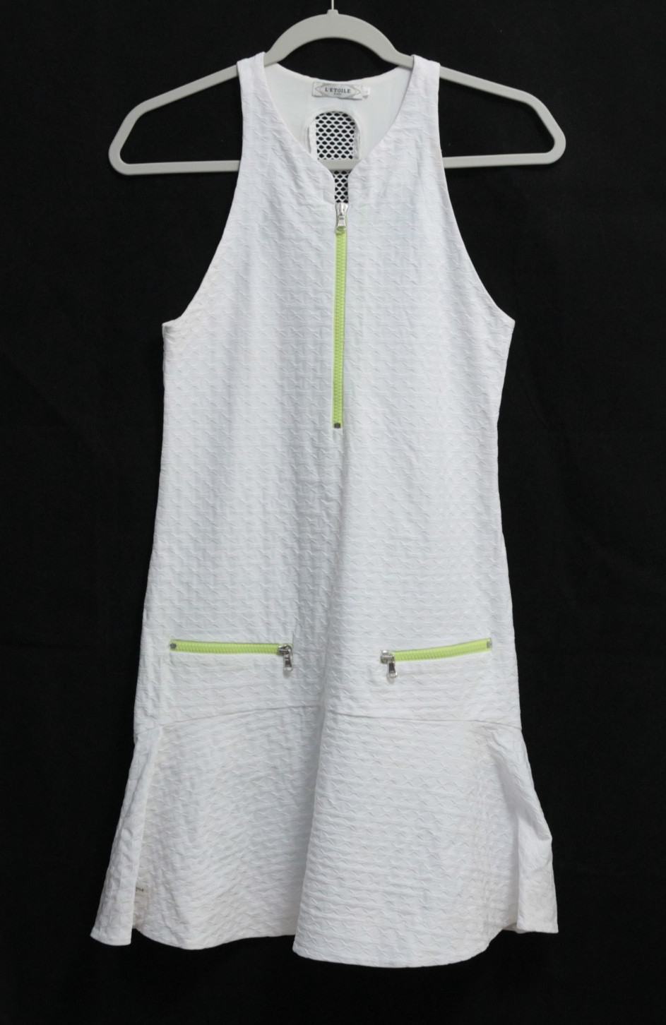 L’etoile Sport Women’s White Sports Dress W Skirt Front Pockets Mesh Back Large