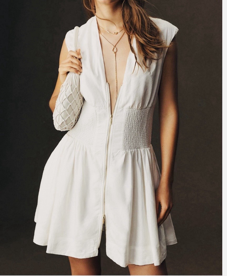 Anthropology -Maeve Small Tommie Cap-Sleeve Smocked Front-Zip Shirt Dress: Linen