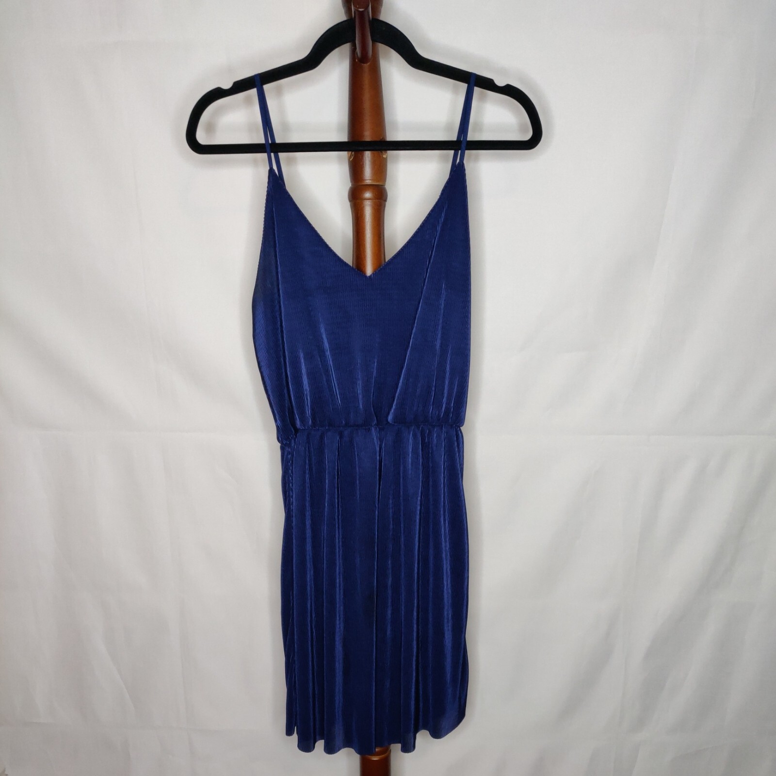 French Grey women’s LP lined dress blue v-neck spaghetti strap elastic waist