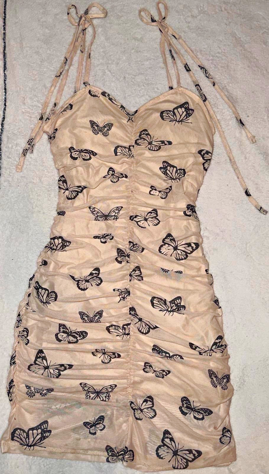 SHEIN Women’s M Beige/Black Butterfly Ruched Tie Strap V-Neck Mini Bodycon