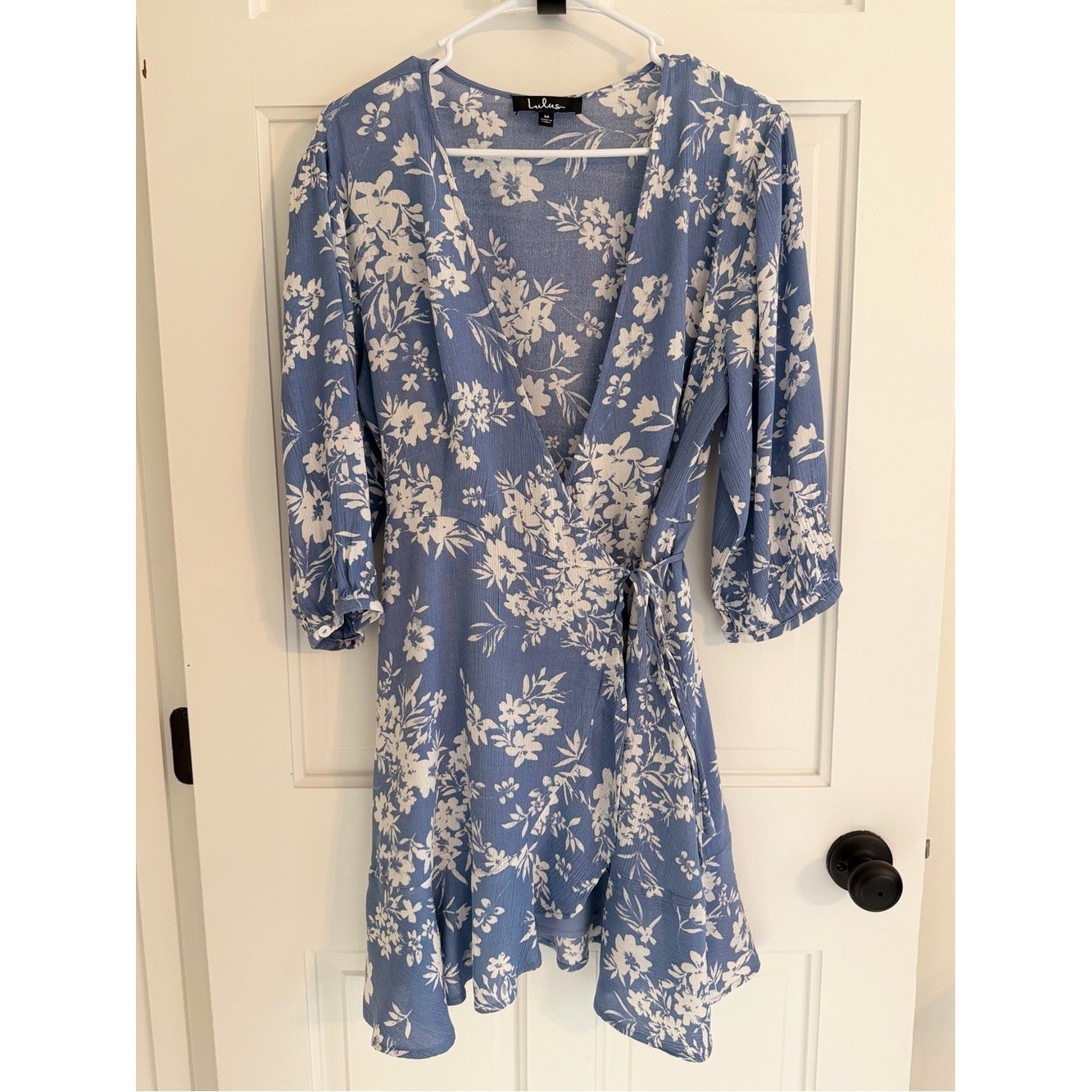 Lulus Blue White Floral Wrap Dress Medium 3/4 Sleeve Ruffle Hem