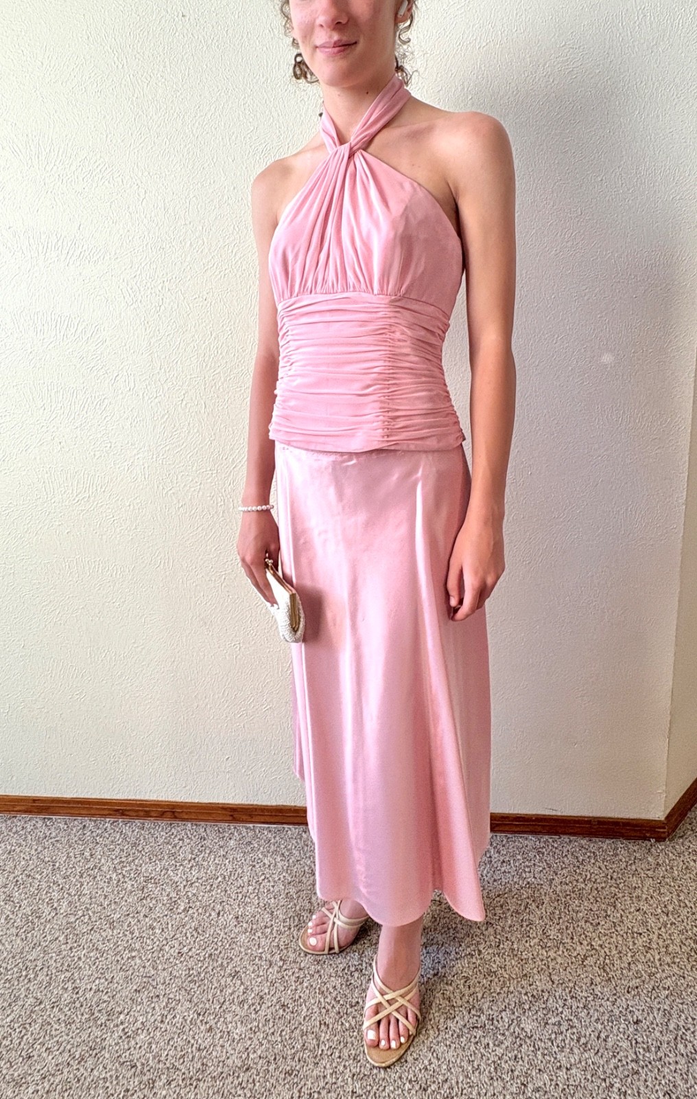 David’s Bridal chiffon halter sz 8 & skirt sz 10 formal 2-piece dress pink