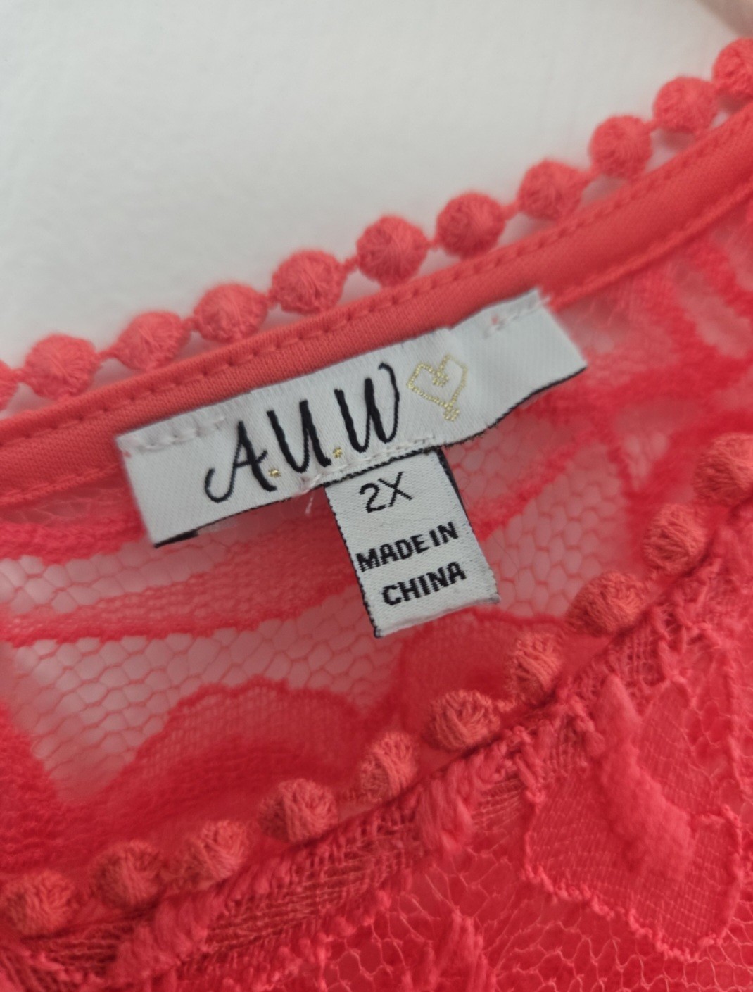 A.U.W Women’s 2X Plus Pink Solid Lace Yoke Keyhole Short Sleeve Dress