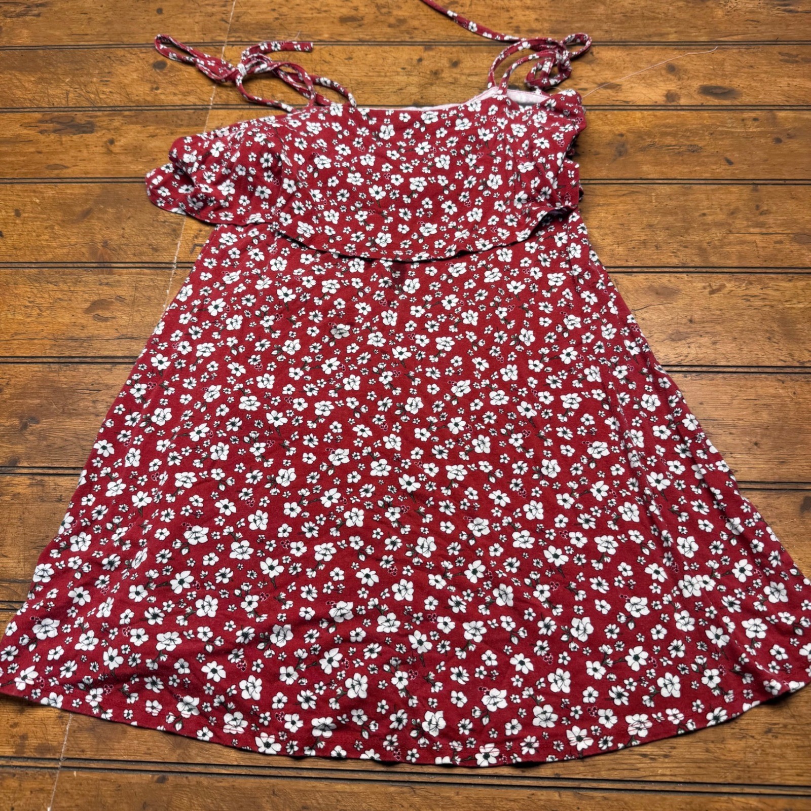 Forever 21 Red Floral Daisy Ruffle Tie Strap Mini Dress Womens Small