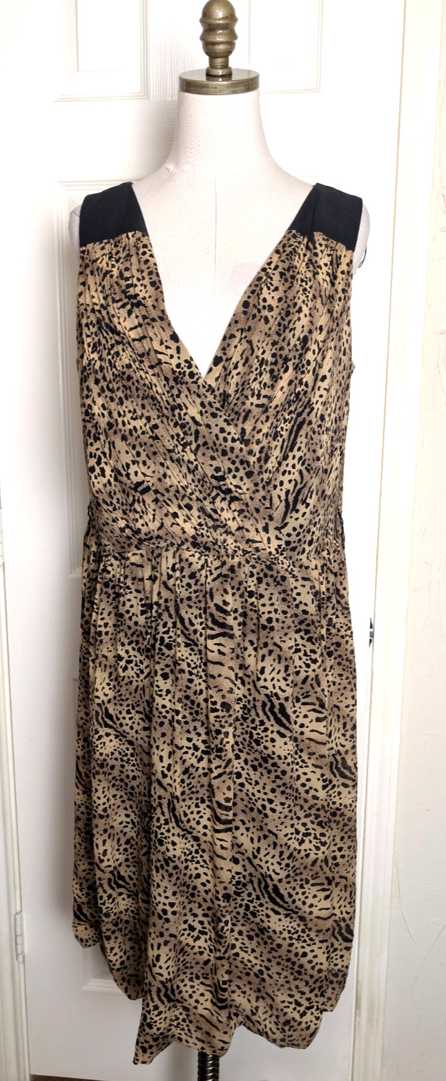 Adrianna Papell Size 16W Cheetah Print 100% Silk Cross Over Dress Balloon Hem