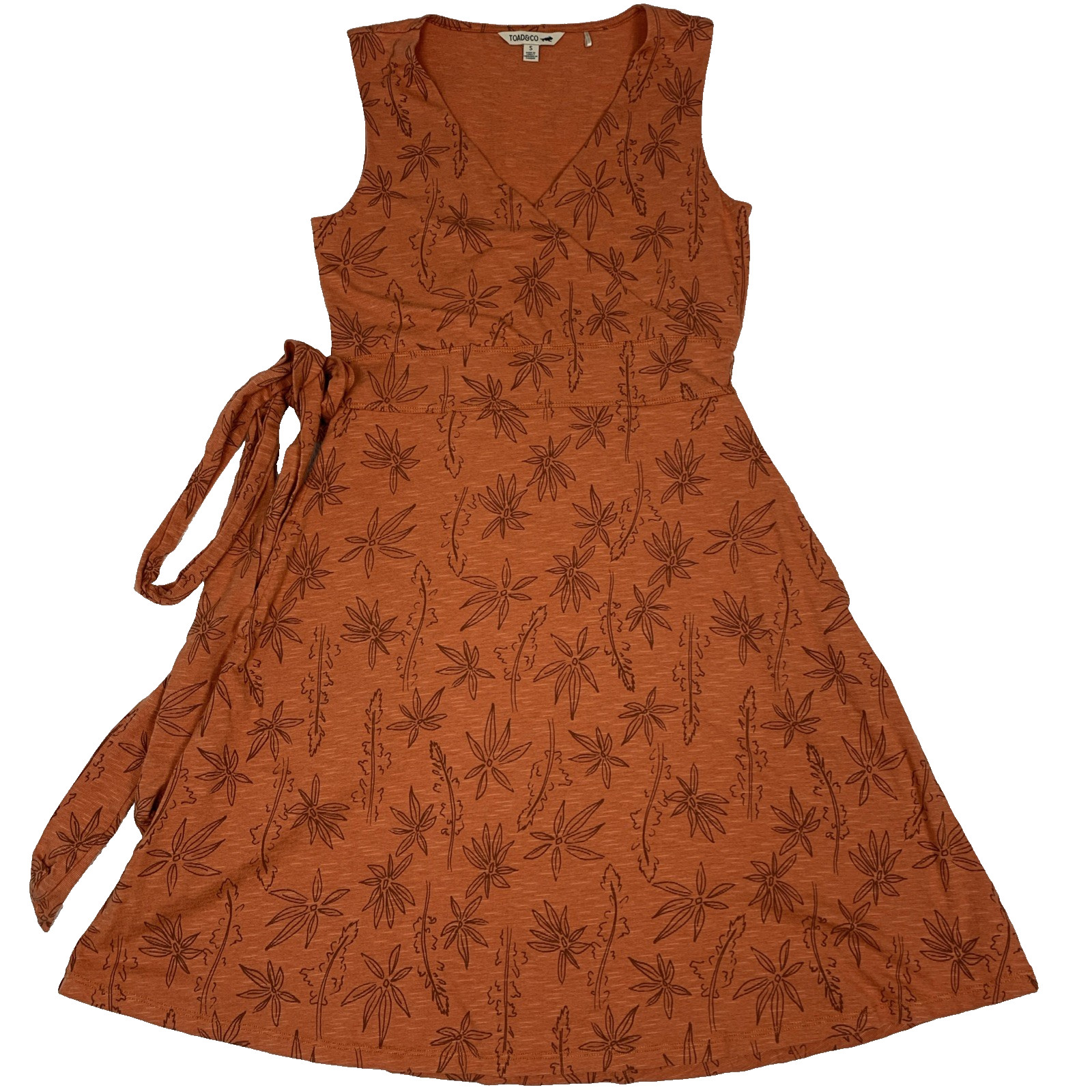 Toad&Co Sleeveless Knee Length Dress Women’s S Orange Floral Mock Wrap A-Line