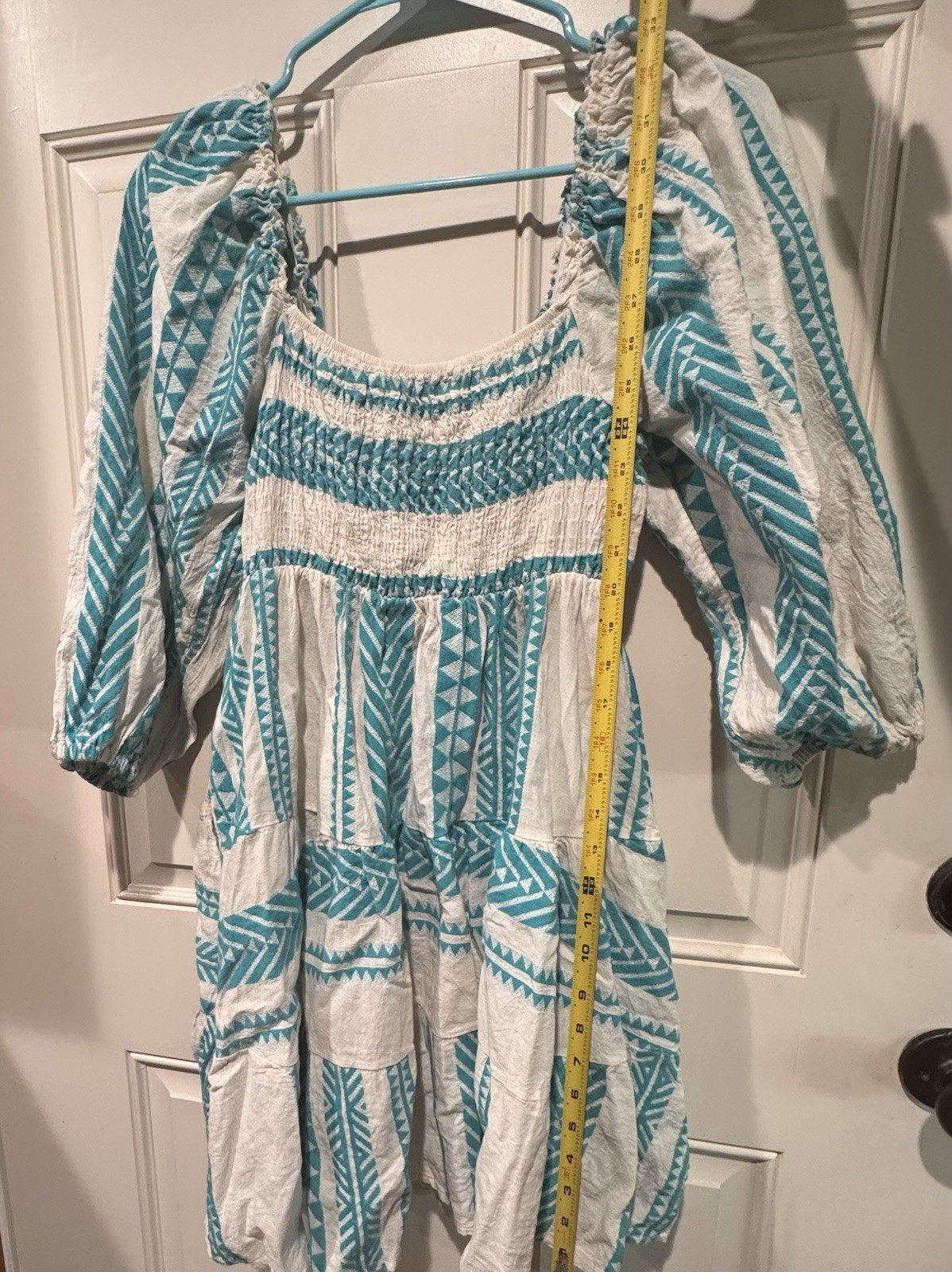 Sofia made in Italy White Blue Geometric Smocked Puff Sleeve Dress with Pockets