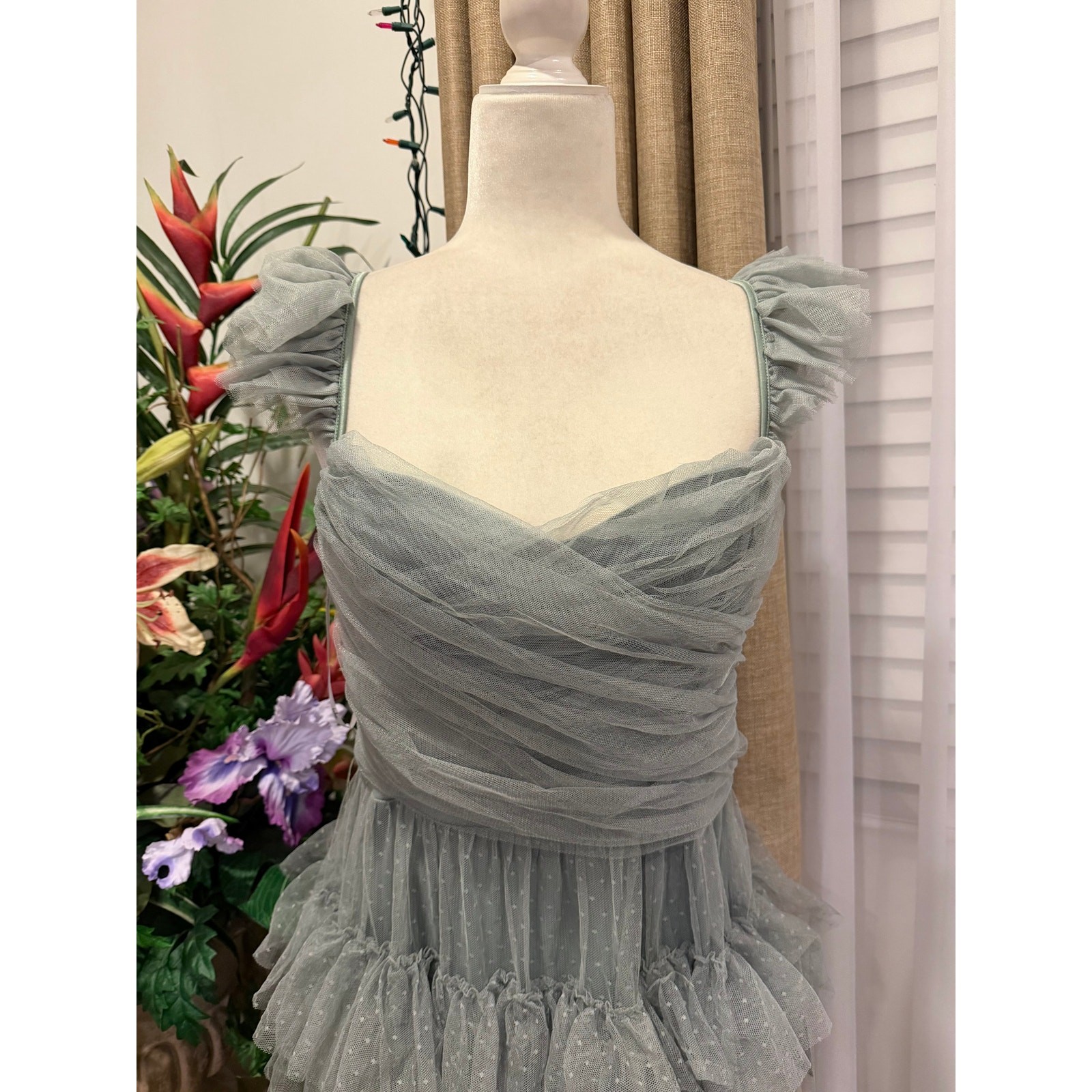 NWT Lulus Pure Radiance Sage Brush Mesh Swiss Dot Tiered Maxi Dress L