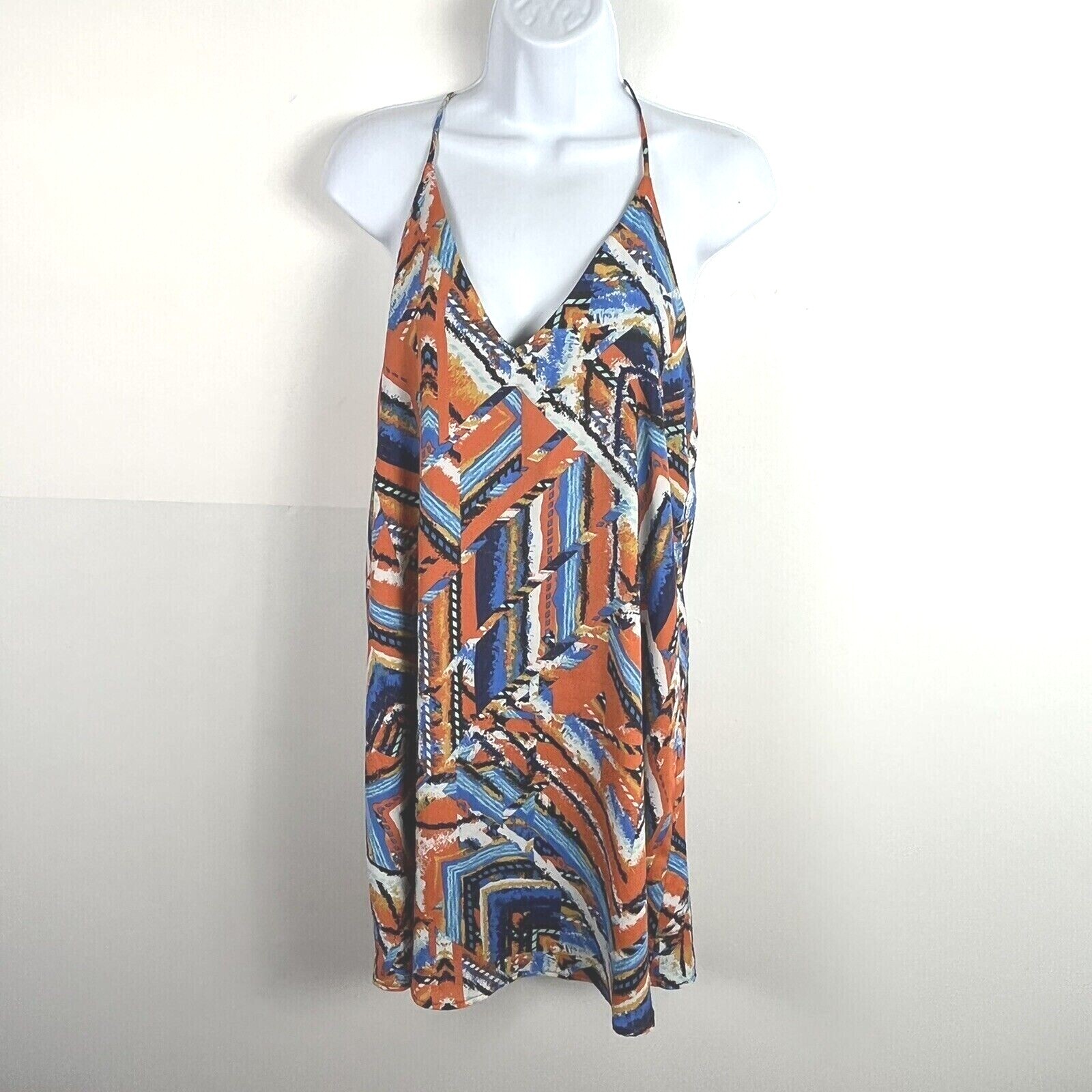 Three Eighty Two Sun Dress Sz S Orange Blue White Geometric V Neck Boho Festival