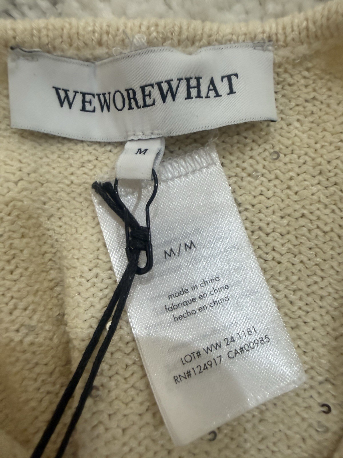 WEWOREWHAT Beige Sequin Knit Open Back Long Sleeve Mini Dress Women’s Size M