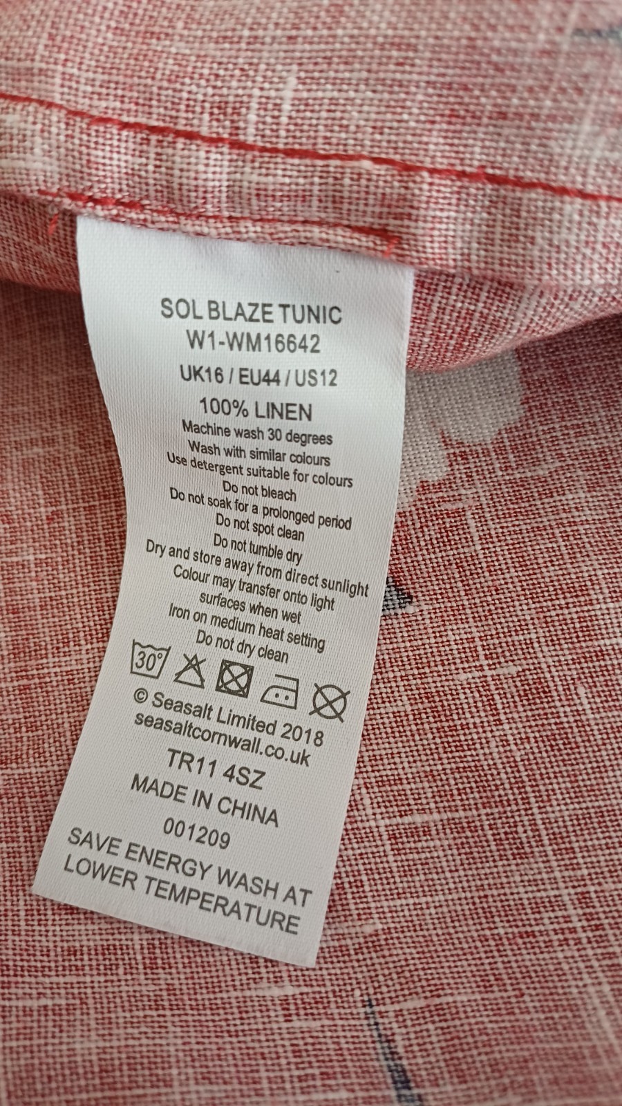SALE Seasalt Sol Blaze red & white 100% Linen Tunic Dress Labelled UK 16 Floral