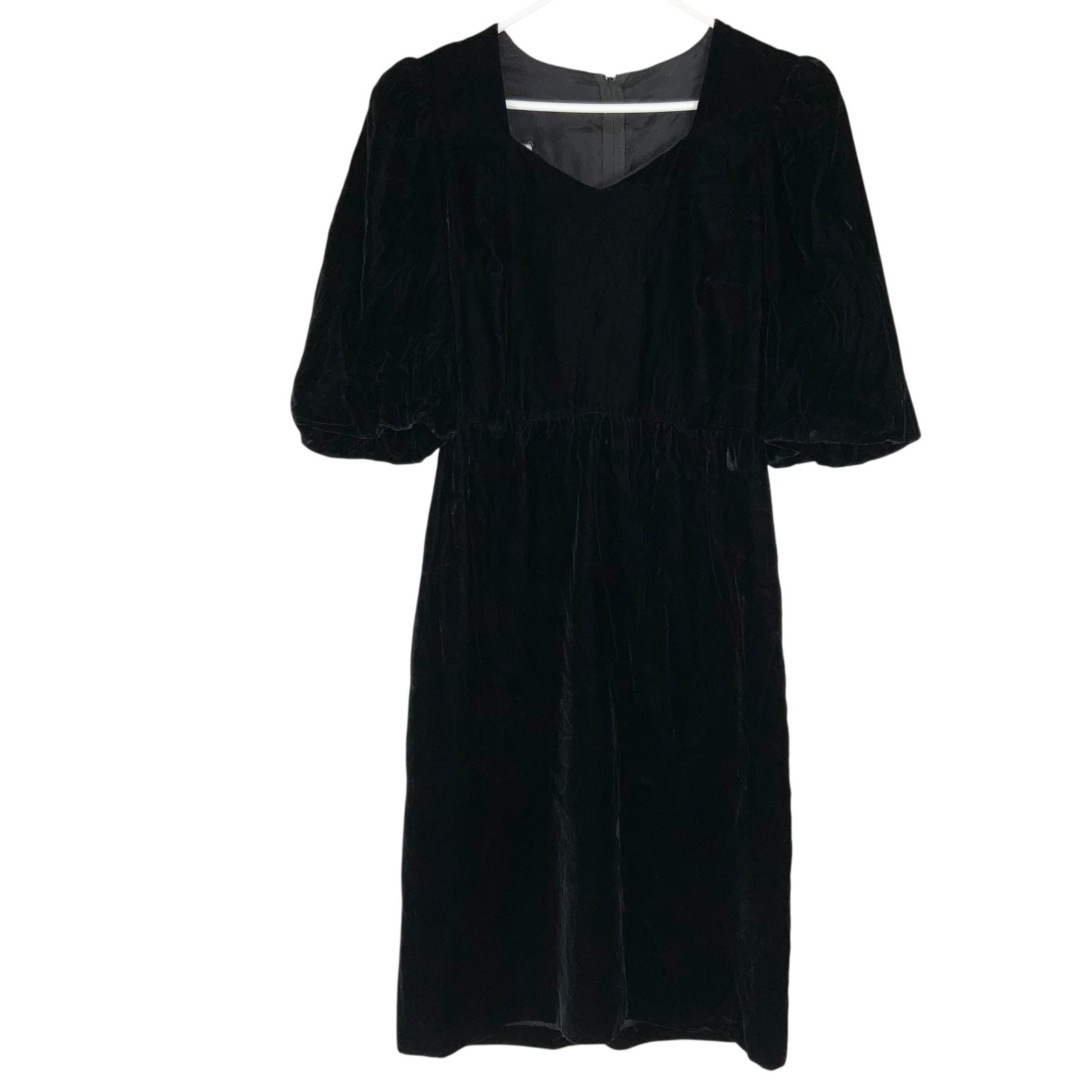 Neiman Marcus VTG Black VNeck Puffy Sleeves Velvet Dress Size 12 Gathered Waist