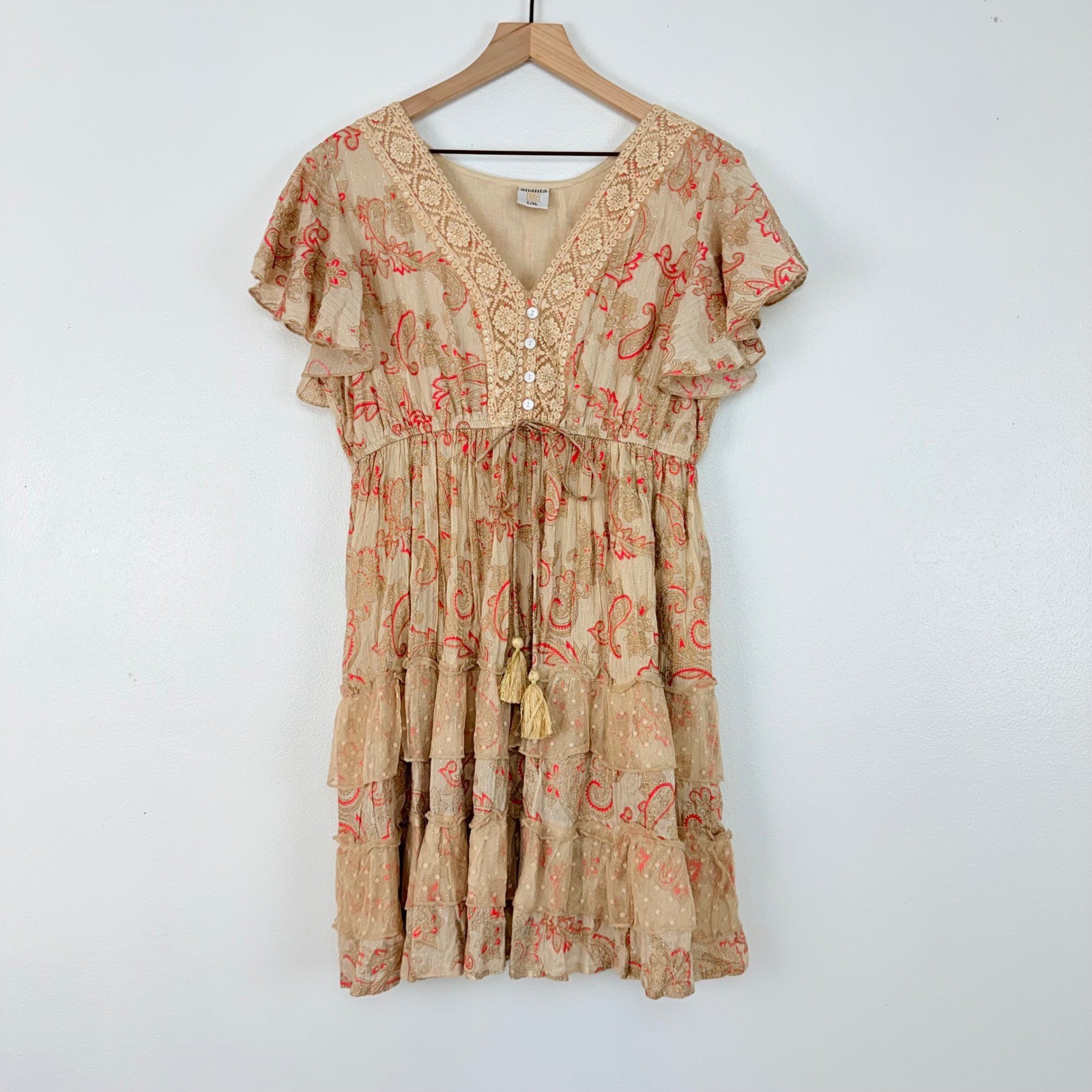 Ananta Paisley Boho Mini Dress Size L Tan Pink Crochet Lace Tiered Ruffle Tie