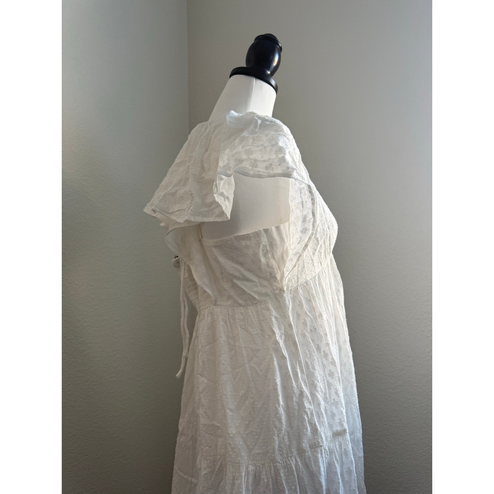 Madewell Devyn Crinkle Swiss Dot Midi Dress White Tiered Size 12 NWT