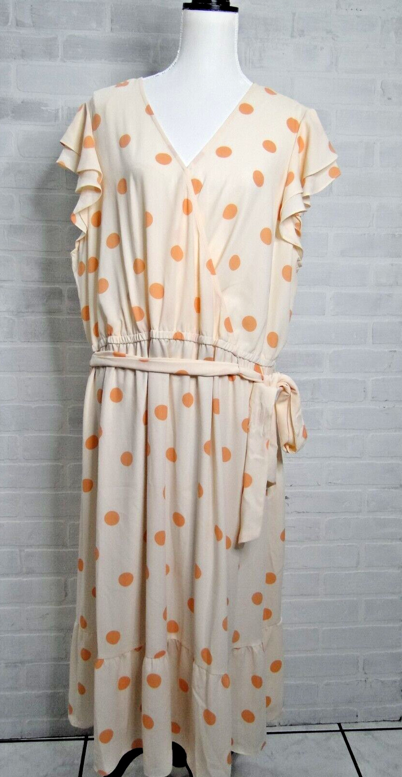 LC Lauren Conrad 2X White With Pink Polka Dot Ruffle Faux Wrap Mid Dress NWT