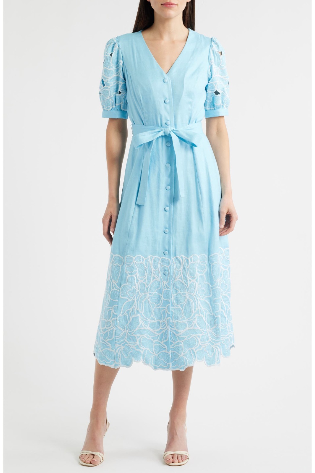 NWT $495 Elie Tahari The Jade Linen Blend Eyelet Midi Shirt Dress 2