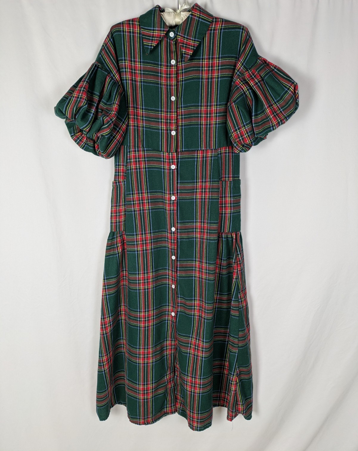 Women’s Dress S Green Tartan Check Short Balloon Sleeve Button Down Shirt Dress