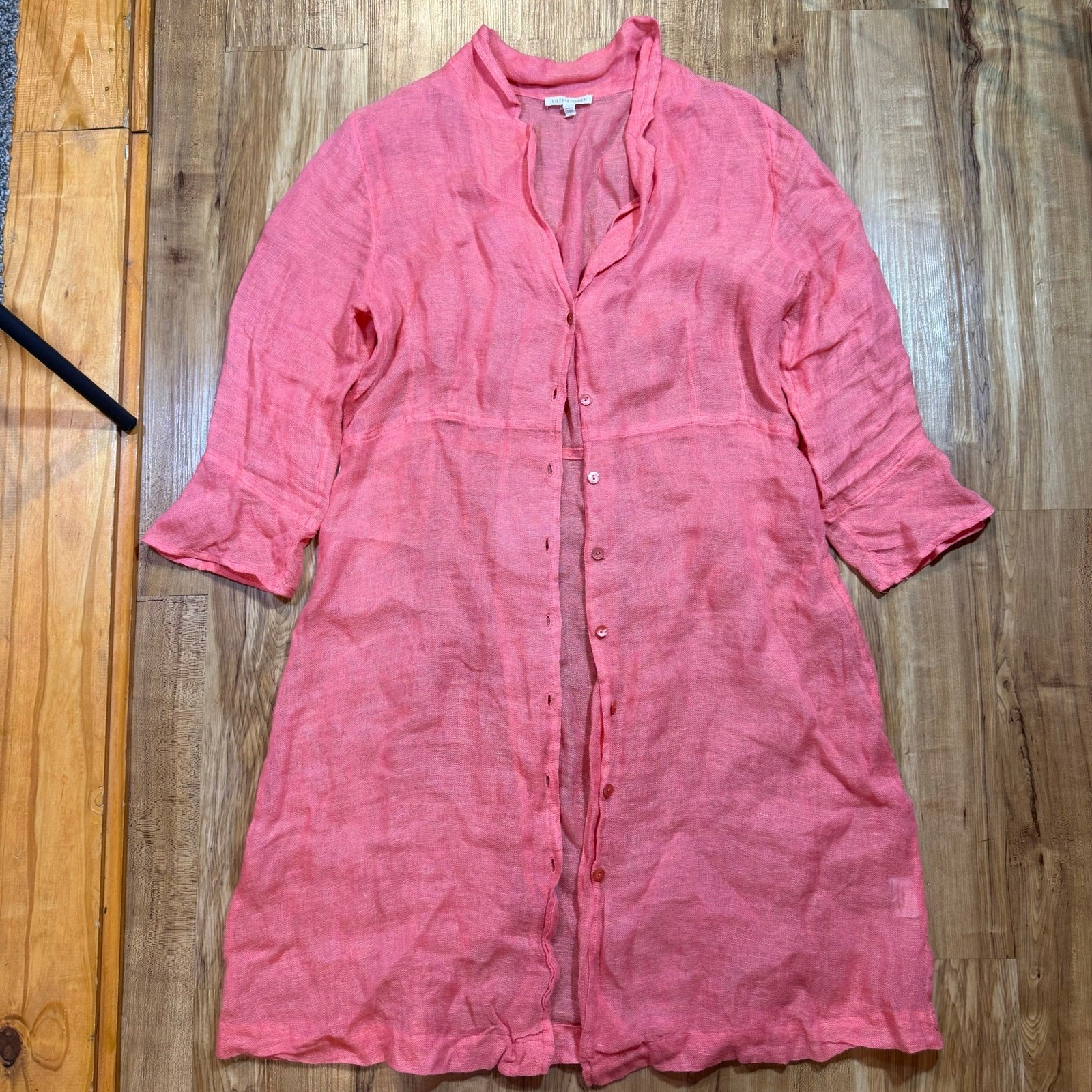 Eileen Fisher Coral Linen Light Summer Cover Up Breezy Boho Beach Dress S