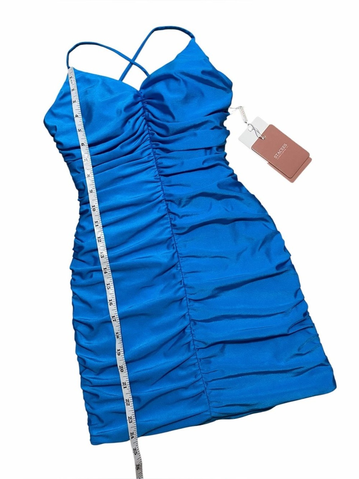 STACEES NWT Blue Ruched Sleeveless Strappy Open Back Formal Mini Dress 0