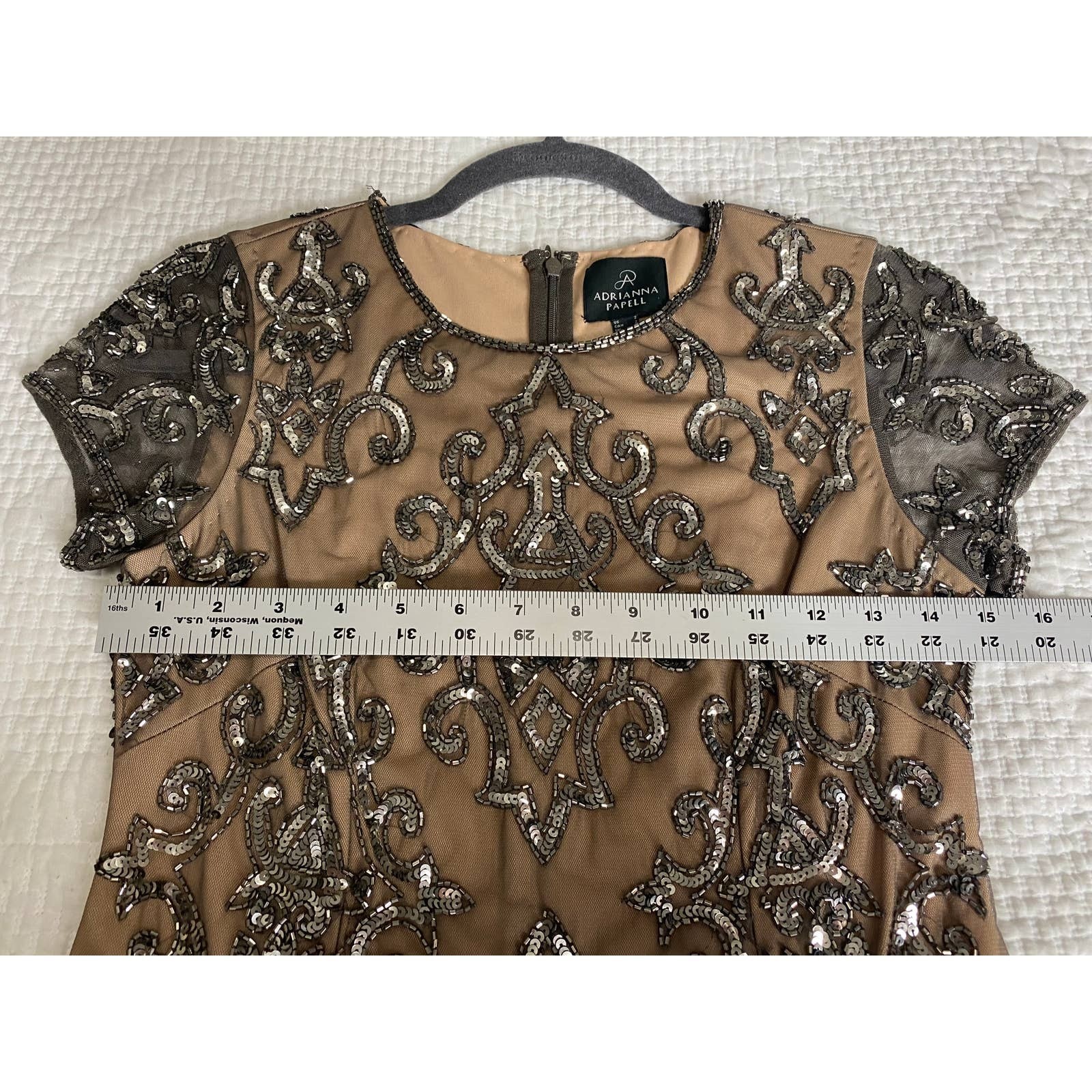 ADRIANNA PAPELL DRESS 2 SEQUIN BEADED WEDDING GUEST COCKTAIL PARTY SHORT DAMASK