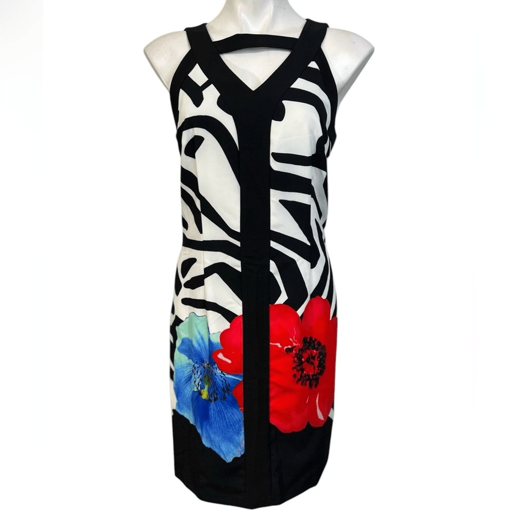 Samuel Dong dress M black white multi sleeveless knee length office business