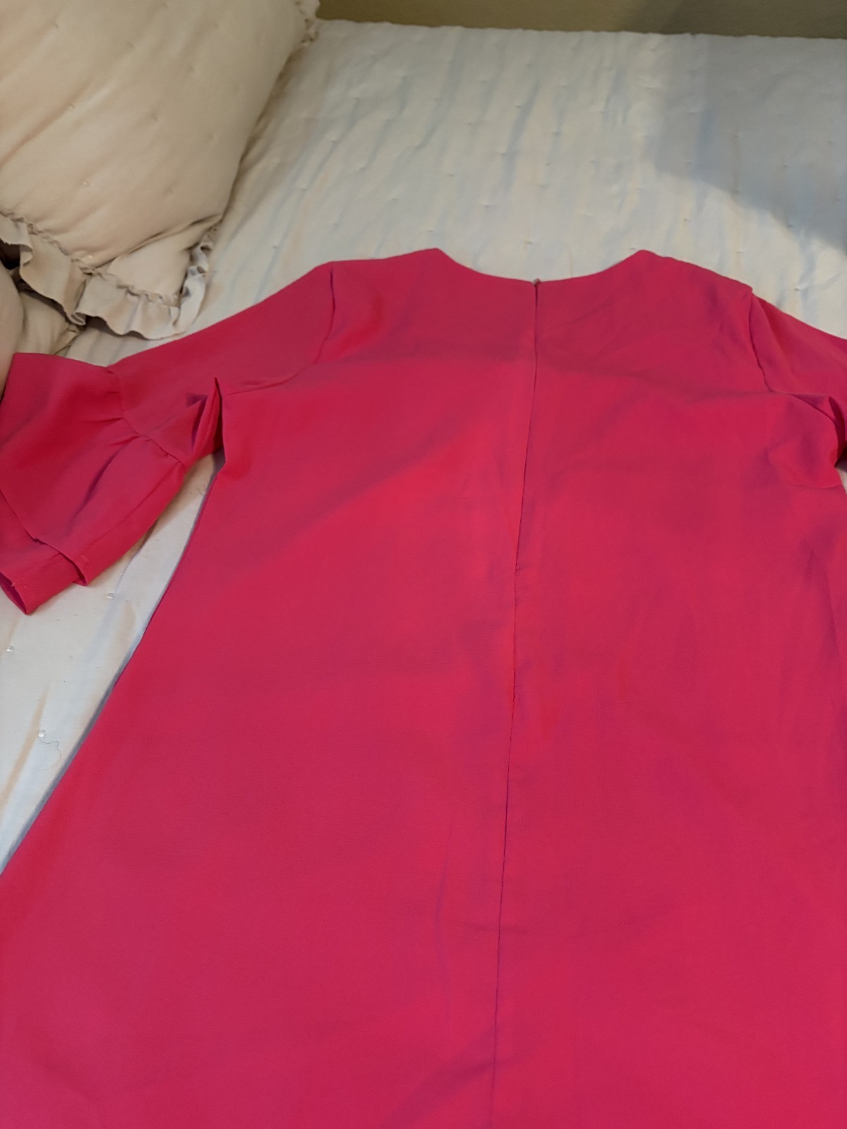Belongsci M Shift Dress Pink Solid V-Neck 3/4 Ruffle Sleeve Chiffon BACK ZIP