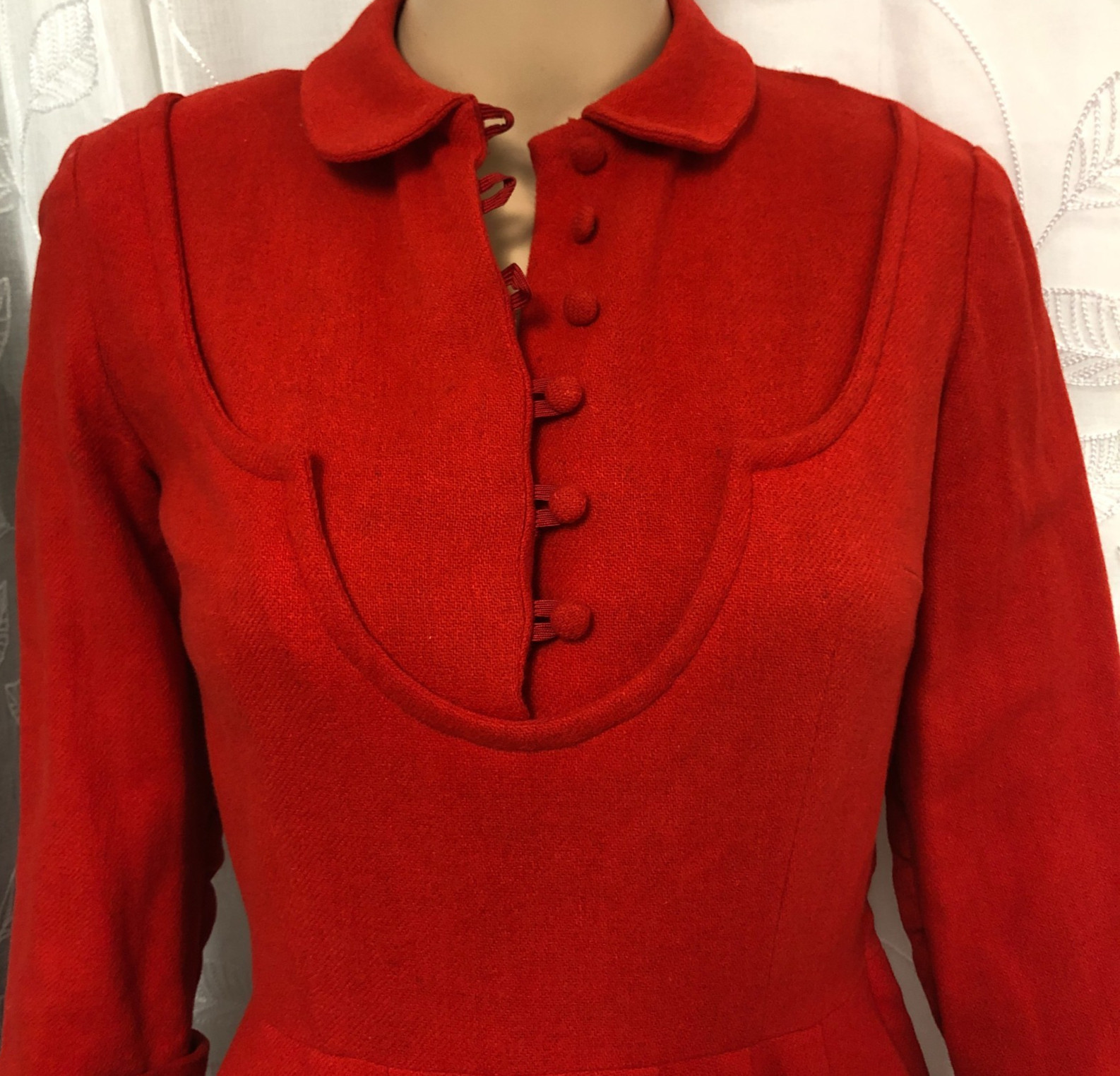 authentic 1930’s Fit & Flare Wool Dress Sz S Covered Buttons 3/4 Sleeve