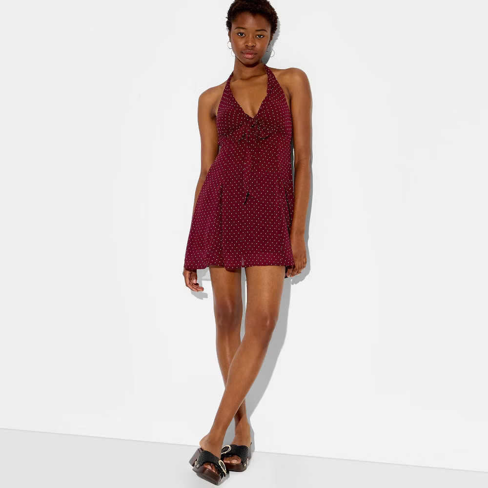 Women Tie Halter Chiffon Mini Dress – Wild Fable Burgundy Polka Dots