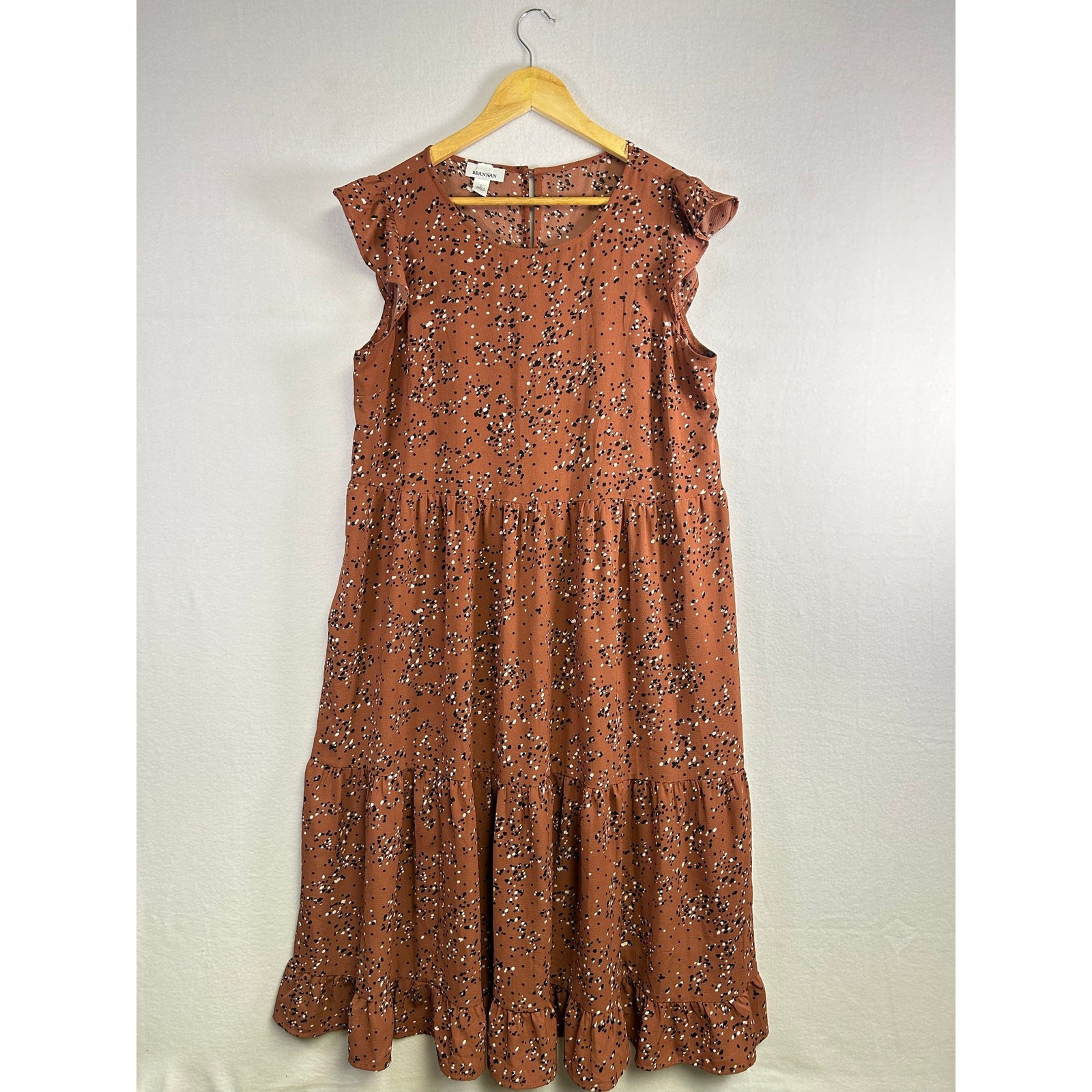 Boho Feminine Brannan Brown Dress – Rust with Black & White Dots, Size L
