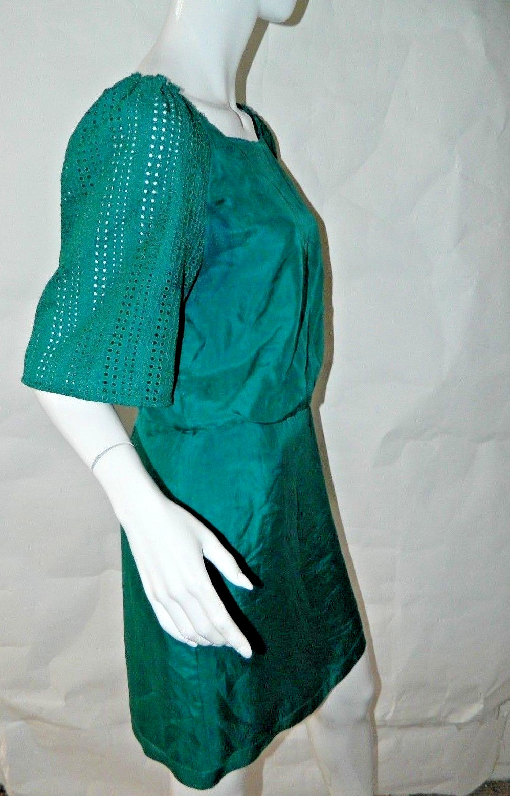 Phillip Lim 3.1 Dress Size 4 Green Silk Perforated Sleeves Scoop Neck Shift