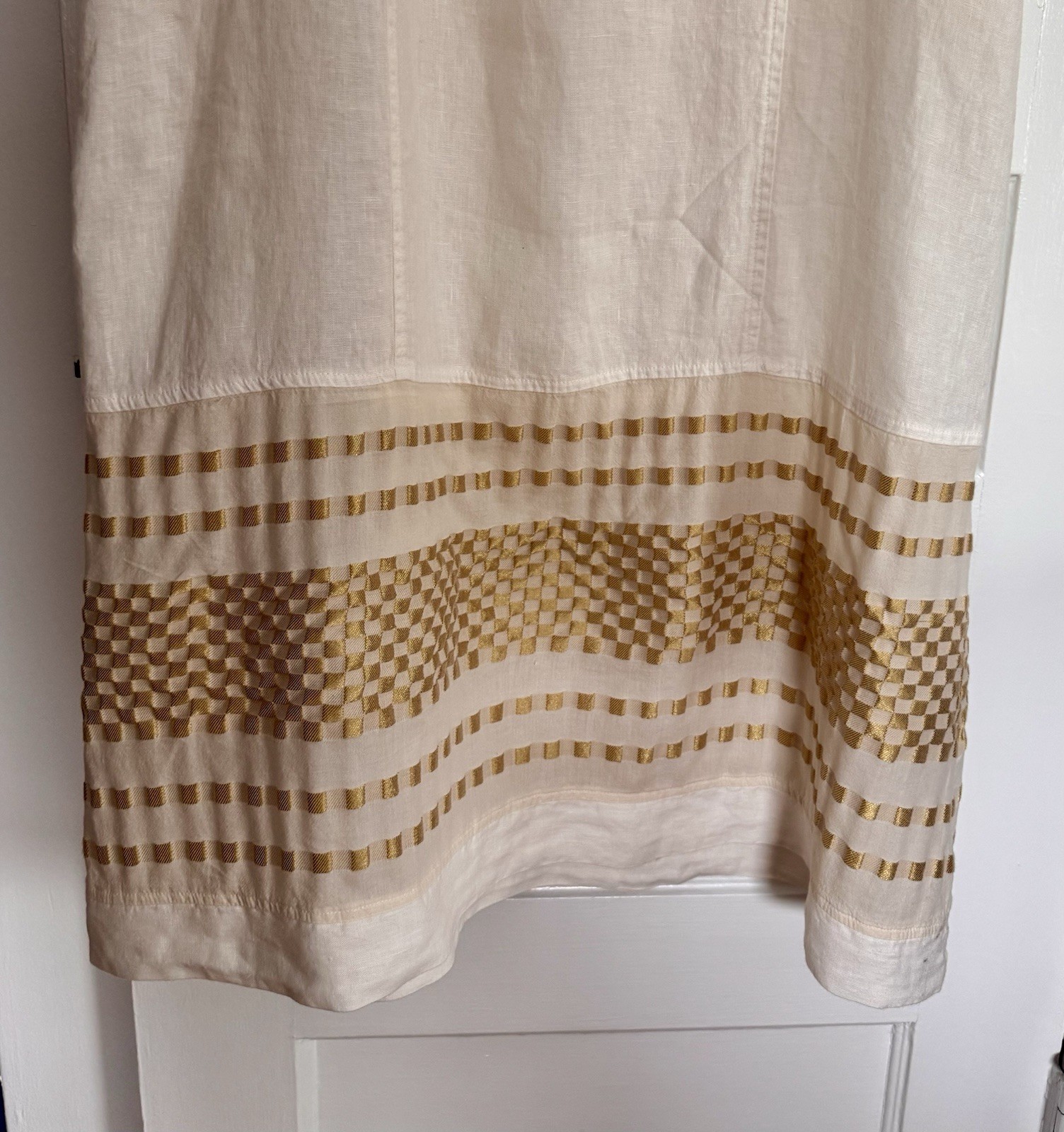 Haris Cotton 100% Linen Tiered Maxi Sleeveless Dress Medium Gold Embroidered New