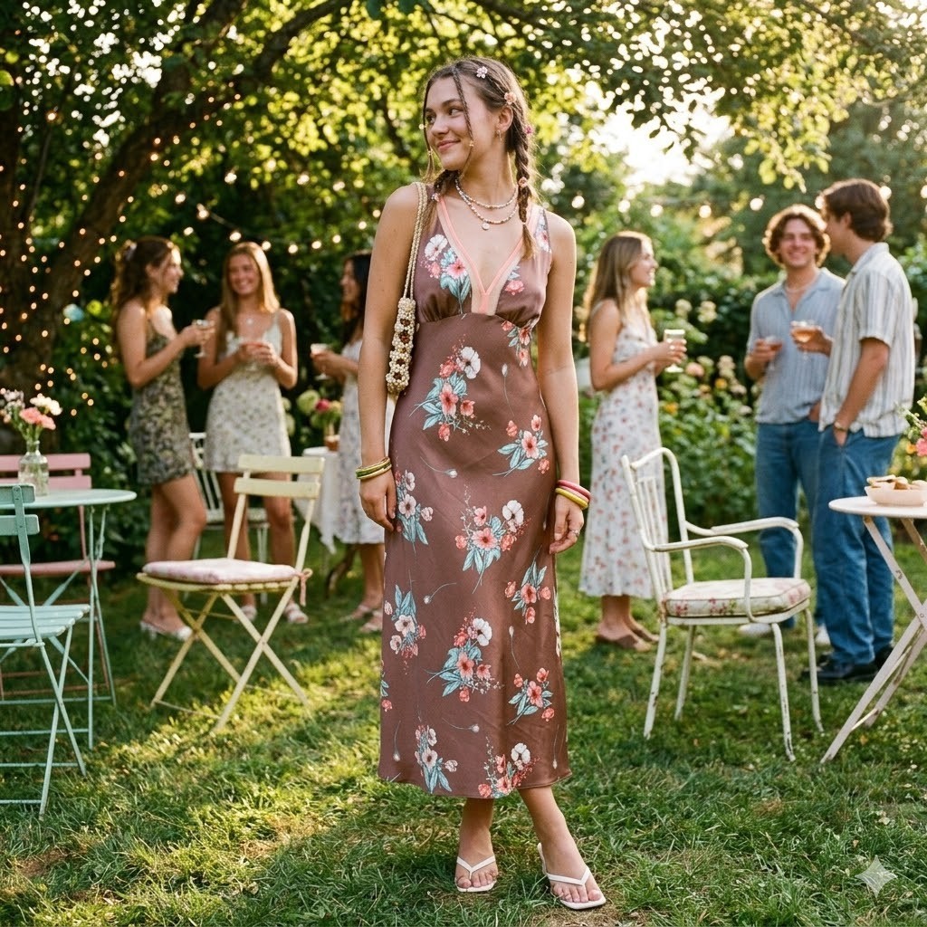 Y2K Floral Babydoll Slip Dress M Brown Fairy Grunge Romantic Garden Party