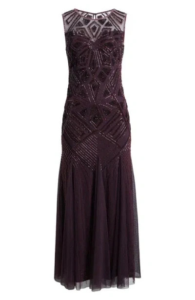 Pisarro Nights Wine Burgundy Geometric Beaded Sleeveless Gown Size 10 $288