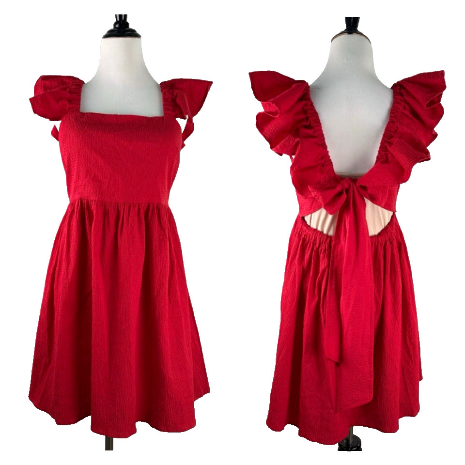 New Red Ruffle Sun Dress Women L Retro Bow Boho Western Cutout Flutter Sleeve