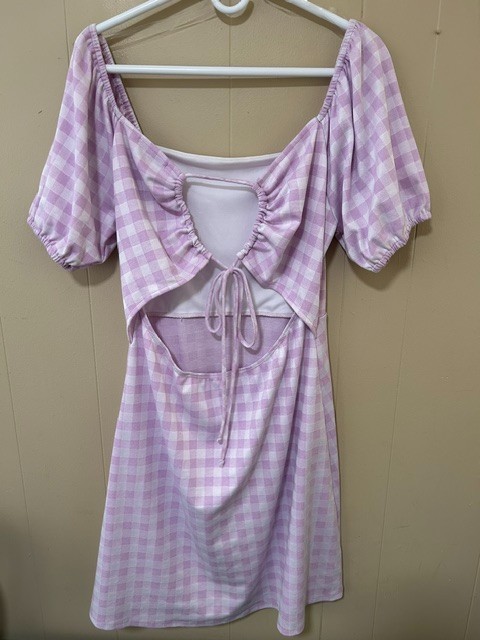 GILLI Women’s L Pink Lilac Gingham Puff Sleeve Open Back Mini Dress Cottagecore