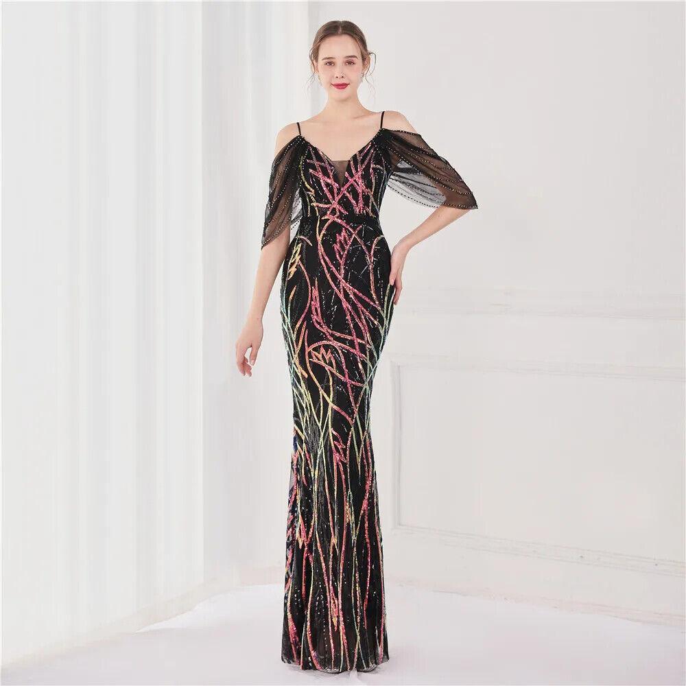 Women Performance Mesh Green Elegant Beading Evening Sequin Maxi Long Prom Dress