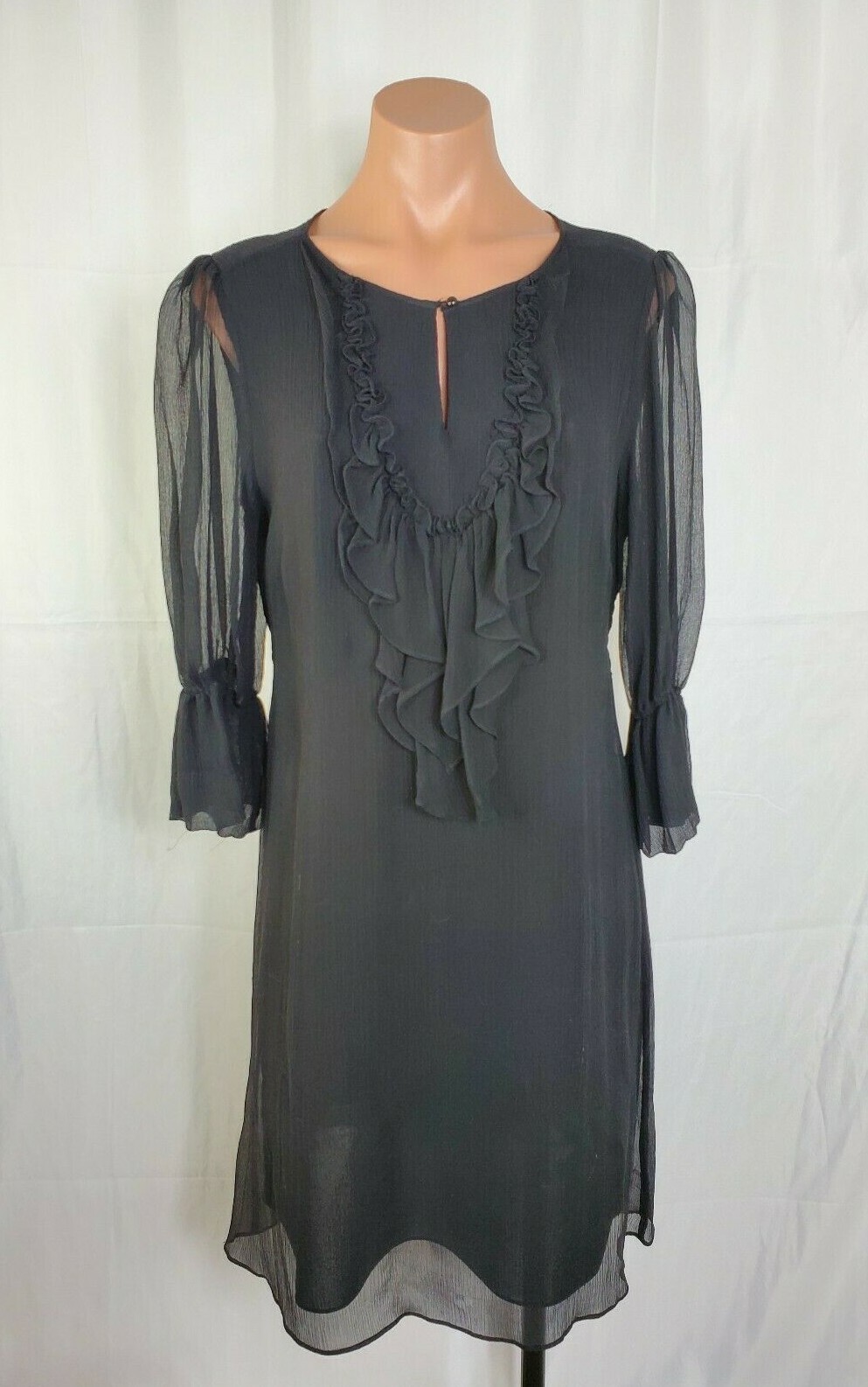 Jax Women’s 3/4 Sleeve Layered Black Silk Polyester Sheer Ruffle Dress Size 8