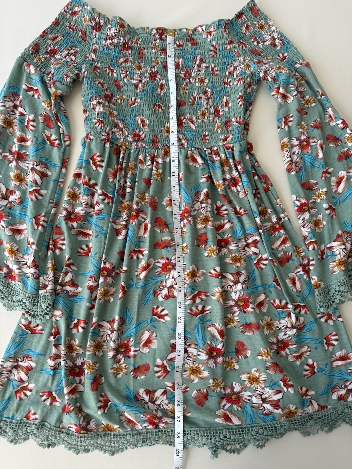 Xhilaration Floral Off Shoulder Bell Sleeve Mini Dress Boho Lace Trim Medium