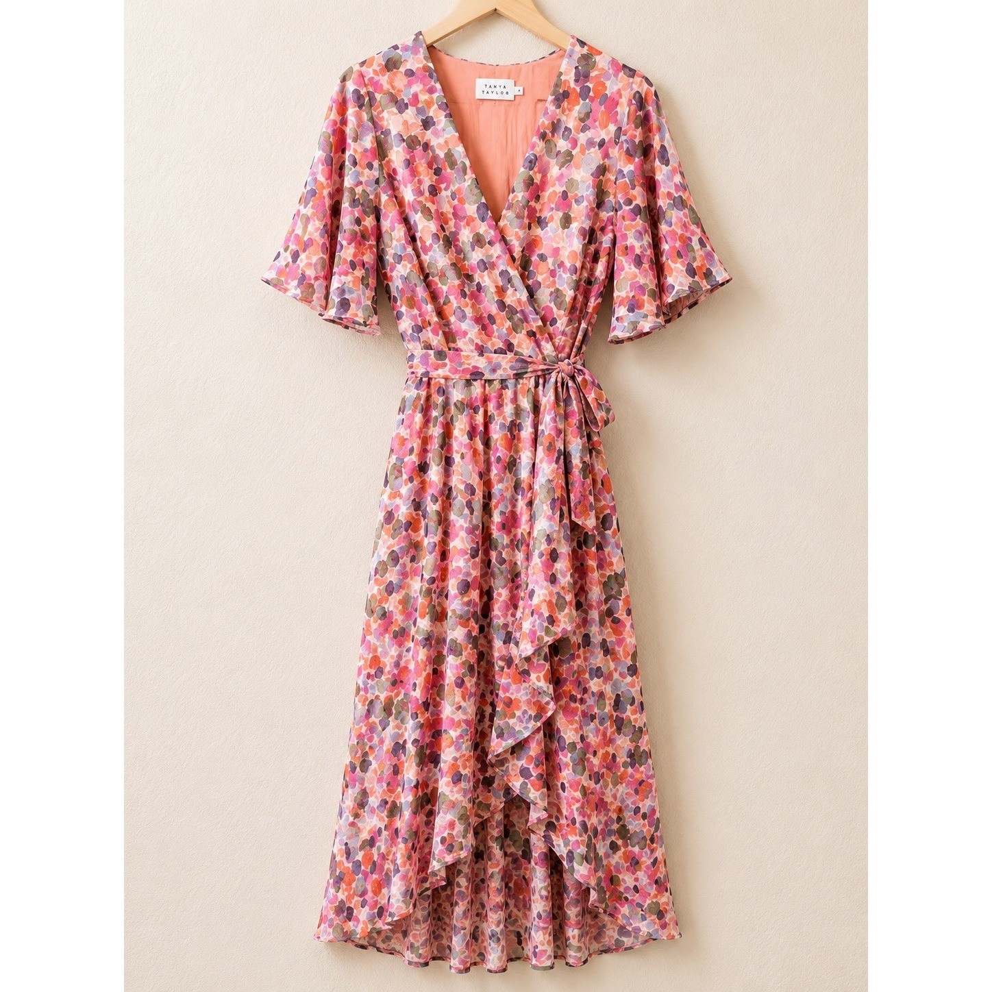 Tanya Taylor Floral Wrap Midi Dress Womens 6 Pink Belted Ruffle Cocktail Party