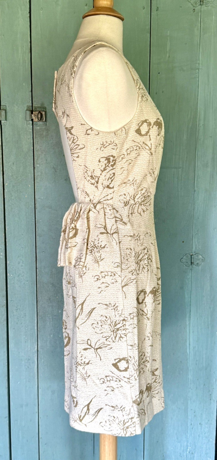 Moulinette Soeurs Sheath Dress Brocade Jacquard Cream Gold Peplum Open Back 6