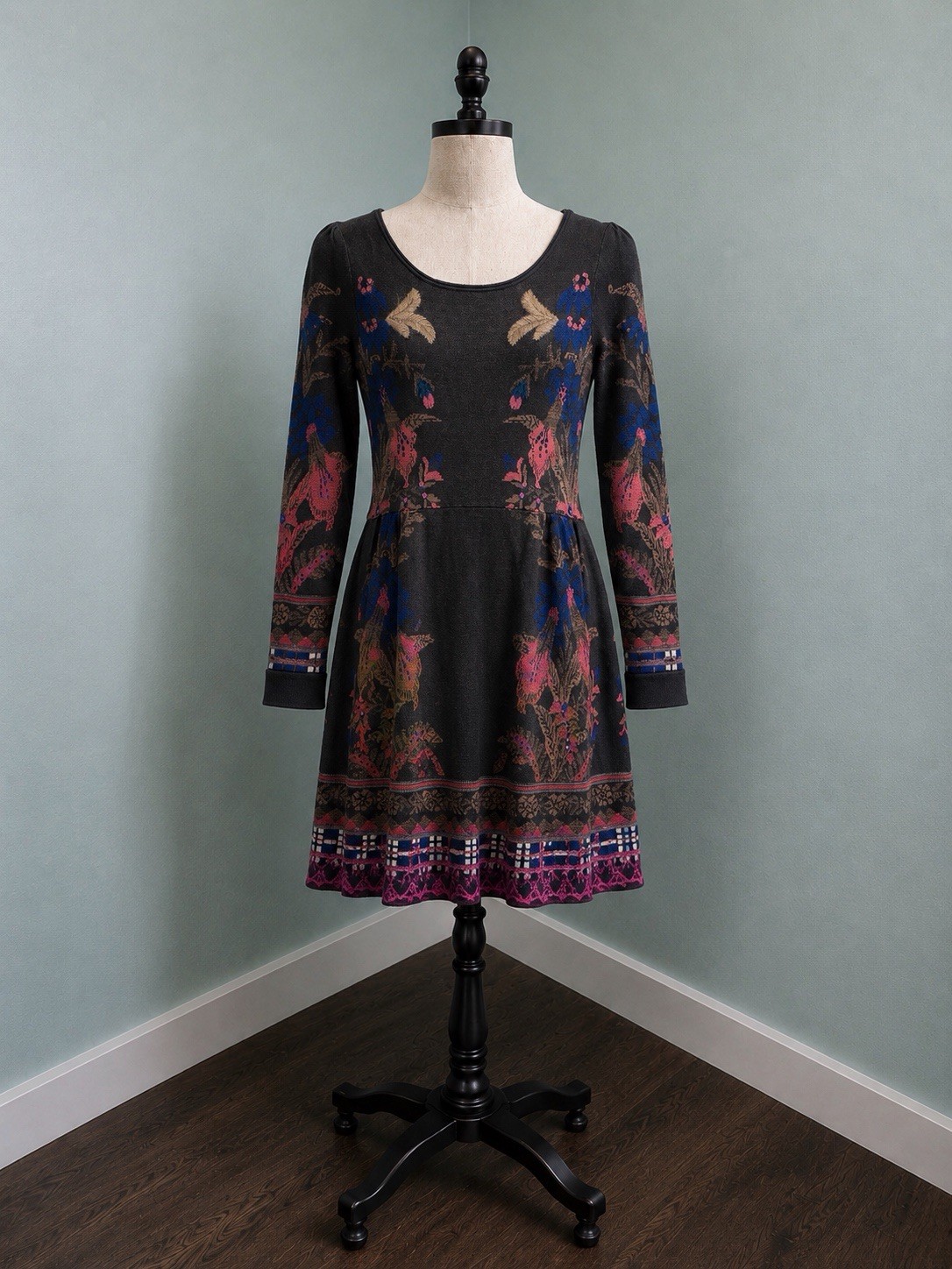 Anthropologie Knitted & Knotted Bird Floral Sweater Tapestry Dress M Silk