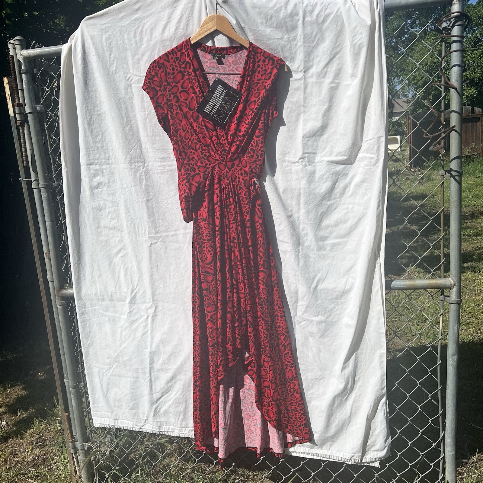 IMAN XL Red Black Leopard Animal Print High Low Maxi Faux Wrap Dress Exotic NWT