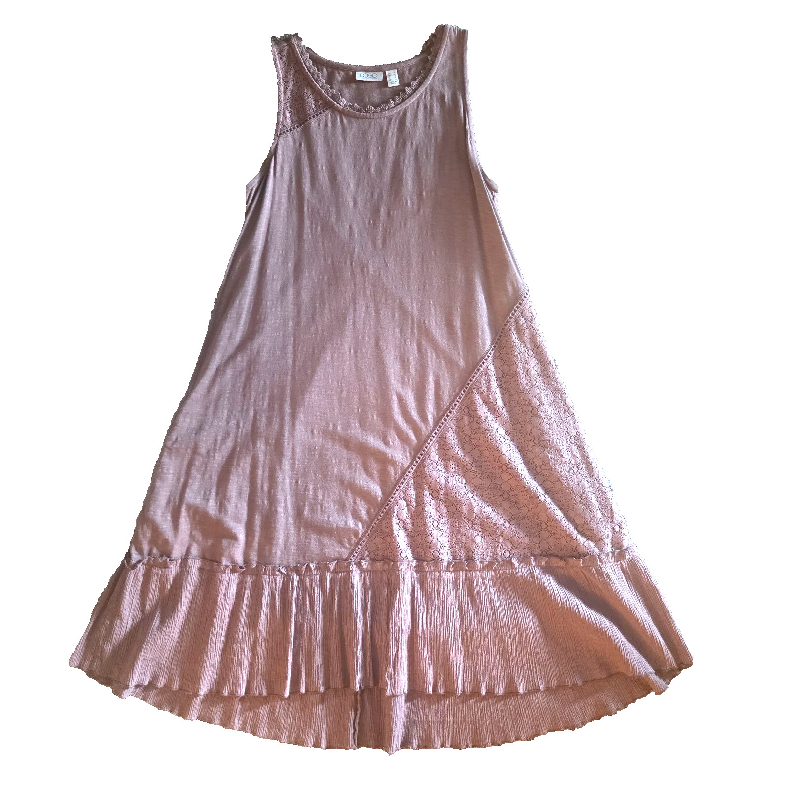 Small Cocoa Brown Sleevelss Dress Cotton Gauze Lace Ruffle LOGO Lori Goldstein